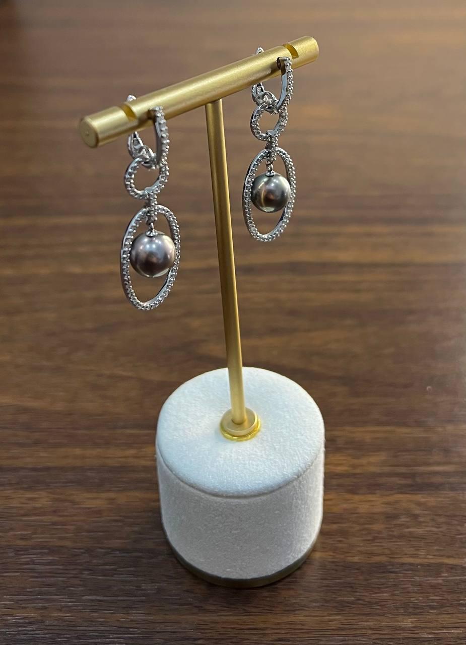 Silver Grey Black Tahitian Pearl Diamonds 14K White Gold Drop Dangle Earrings