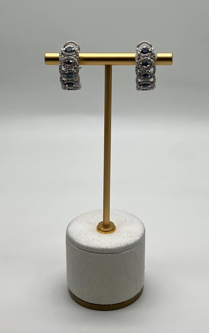 Blue Sapphire & White Diamonds Pave Halo Set 14K White Gold Statement Earrings