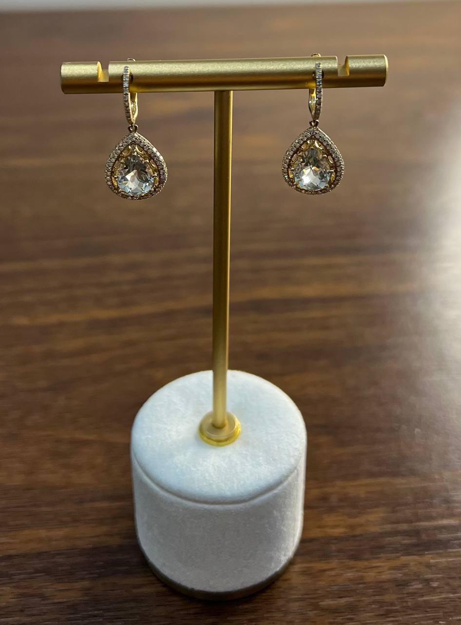 Pear Teardrop Green Amethyst Prasiolite 14K Yellow Gold Diamond Halo Earrings