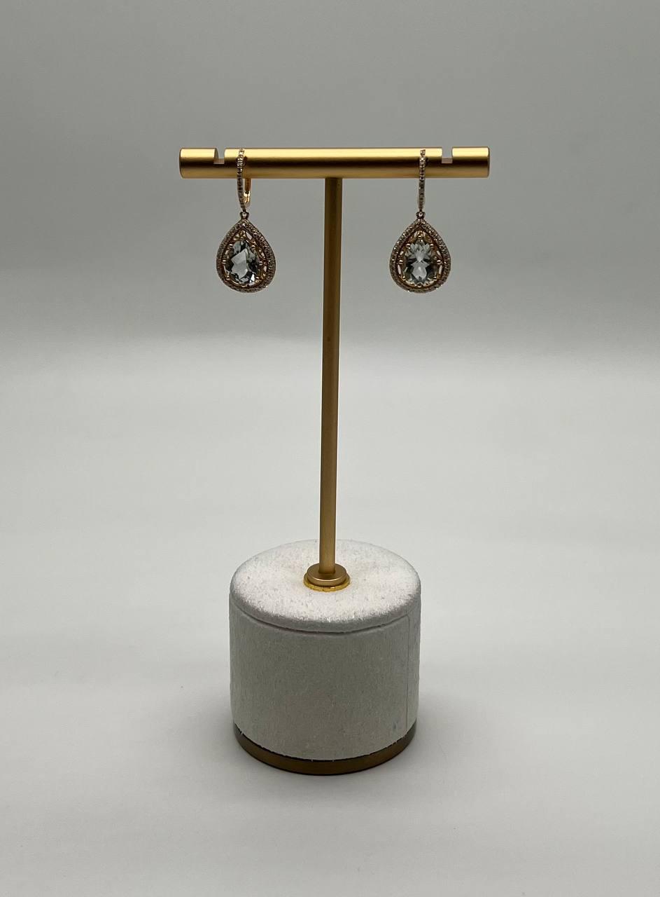 Pear Teardrop Green Amethyst Prasiolite 14K Yellow Gold Diamond Halo Earrings