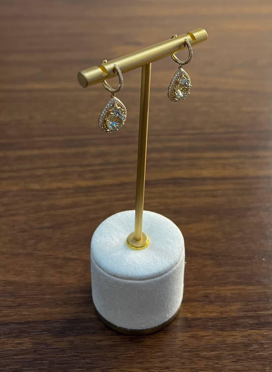 Pear Teardrop Green Amethyst Prasiolite 14K Yellow Gold Diamond Halo Earrings