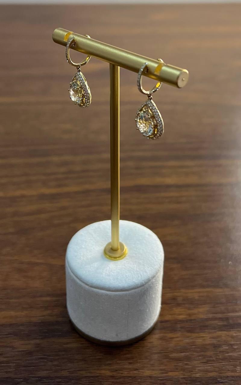 Pear Teardrop Green Amethyst Prasiolite 14K Yellow Gold Diamond Halo Earrings