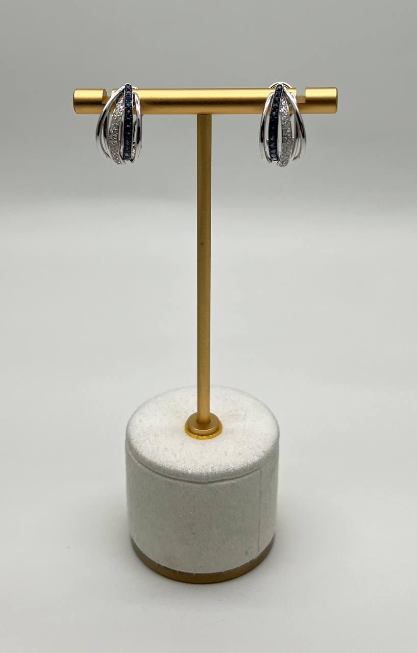 Blue Sapphire White Diamonds Wavy Spiral 14K White Gold Huggie Earrings