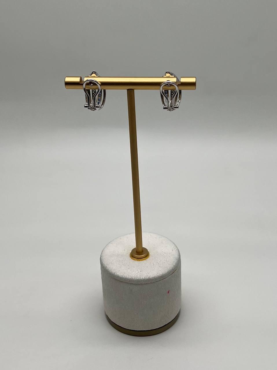 Blue Sapphire White Diamonds Wavy Spiral 14K White Gold Huggie Earrings