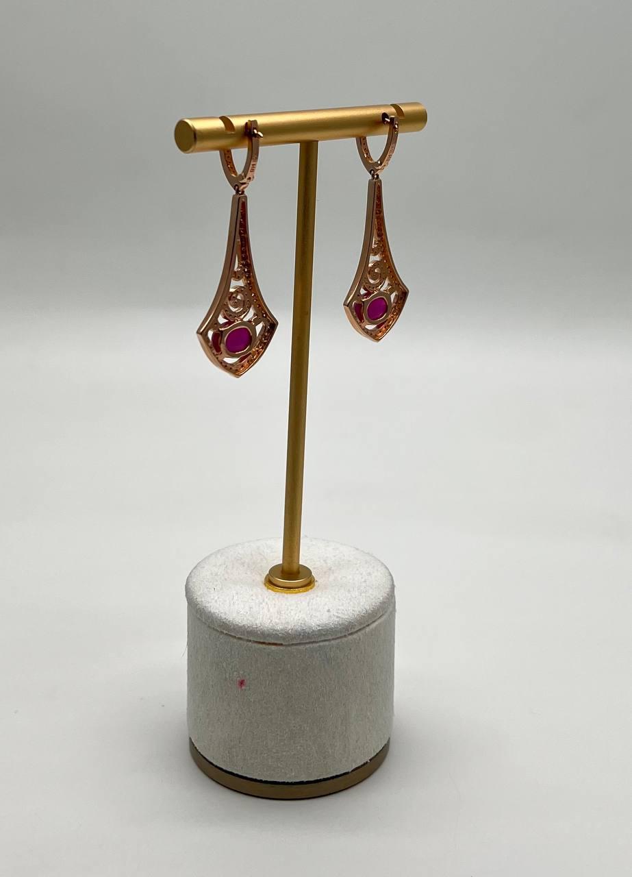 Oval Shape Red Pink Ruby Cabochon 14K White Gold Statement Earrings