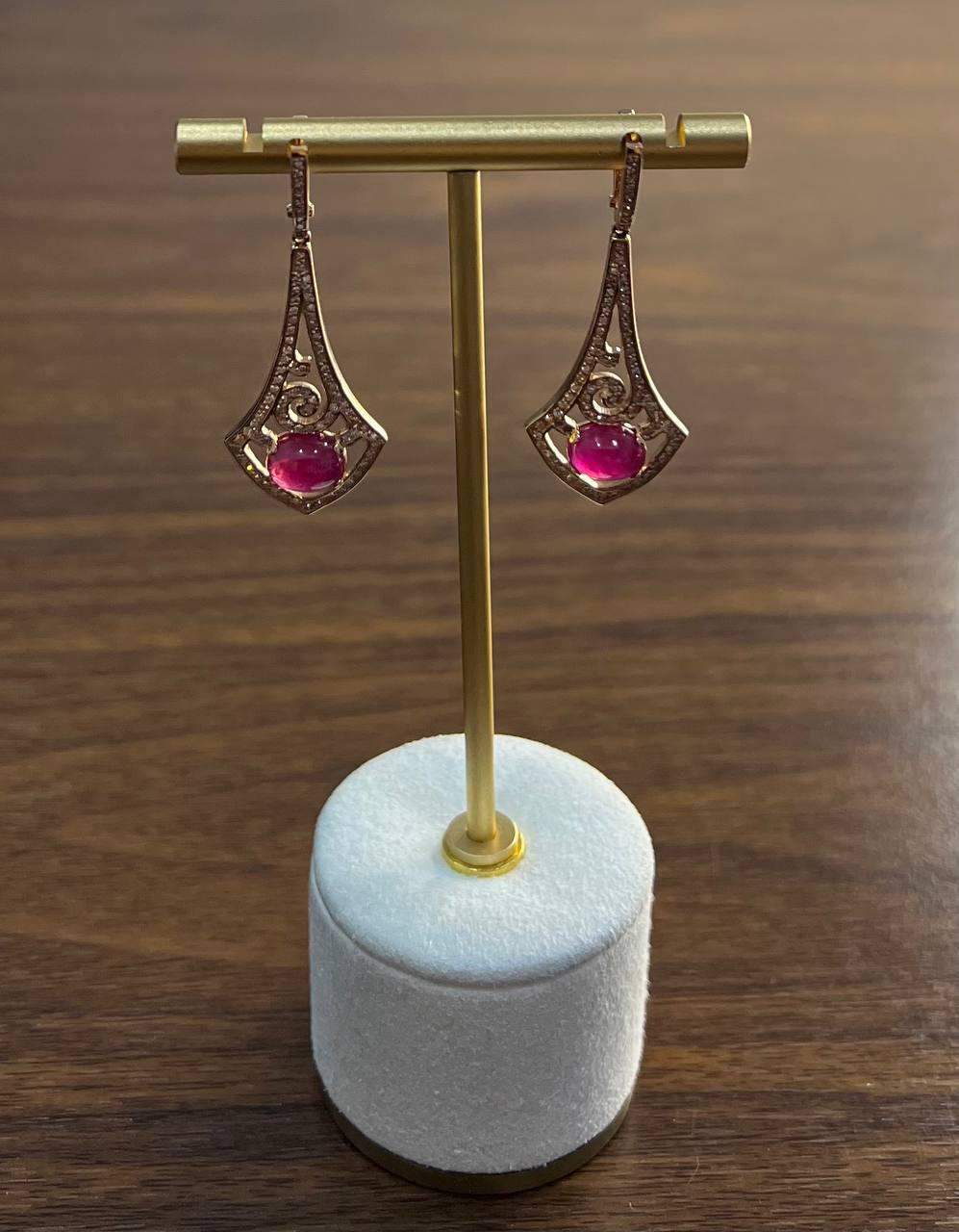 Oval Shape Red Pink Ruby Cabochon 14K White Gold Statement Earrings