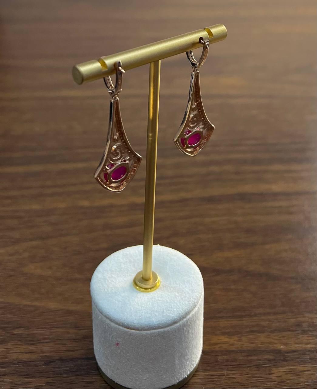 Oval Shape Red Pink Ruby Cabochon 14K White Gold Statement Earrings