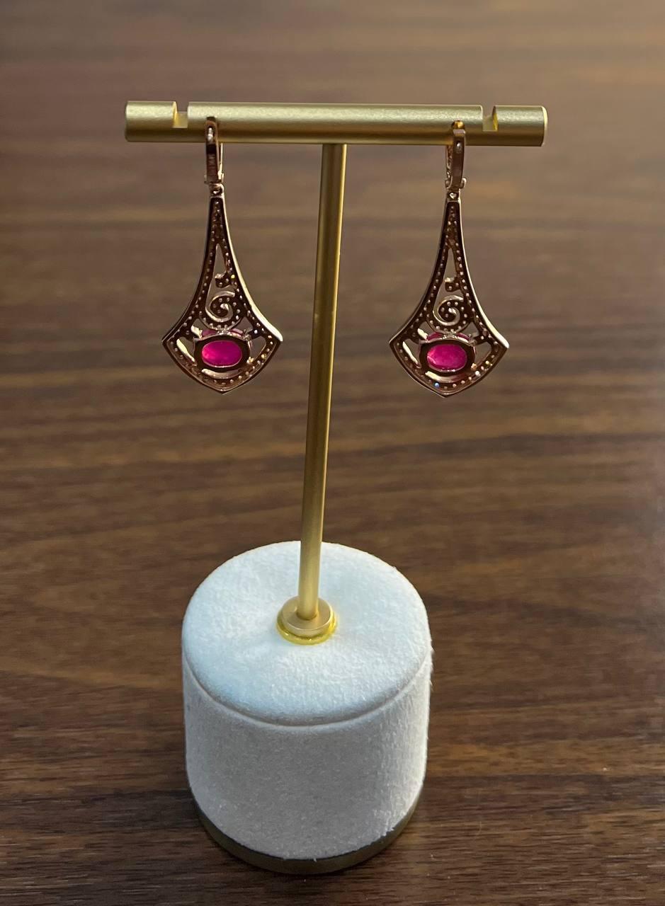 Oval Shape Red Pink Ruby Cabochon 14K White Gold Statement Earrings