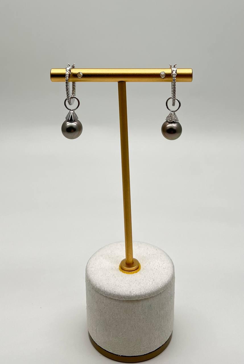 Grey Silver Black Tahitian Pearl 14K White Gold Diamonds Huggie Hoop Earrings