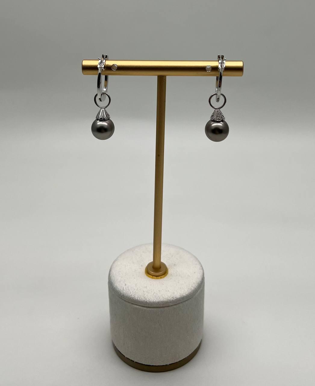 Grey Silver Black Tahitian Pearl 14K White Gold Diamonds Huggie Hoop Earrings