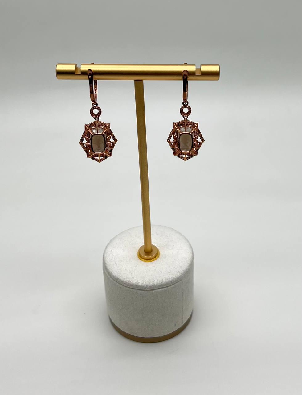 Brown Smoky Quartz Diamonds Halo 14K Rose Gold Statement Drop Earrings