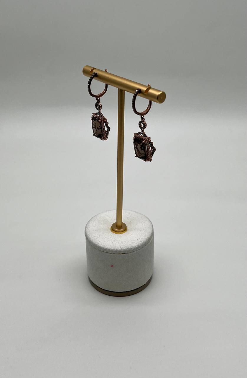 Brown Smoky Quartz Diamonds Halo 14K Rose Gold Statement Drop Earrings
