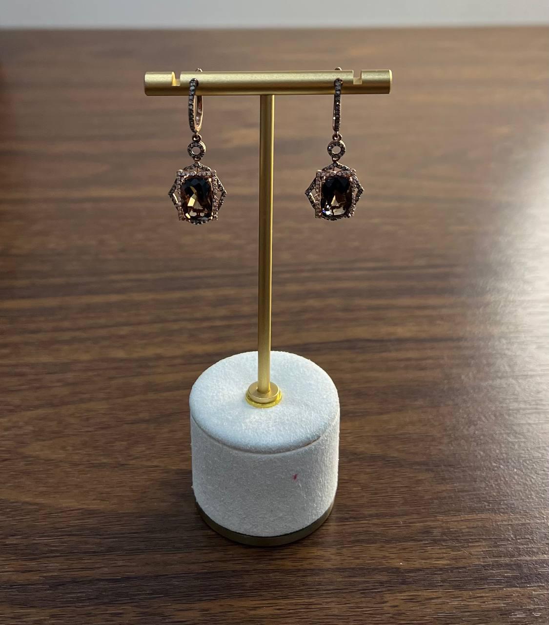 Brown Smoky Quartz Diamonds Halo 14K Rose Gold Statement Drop Earrings