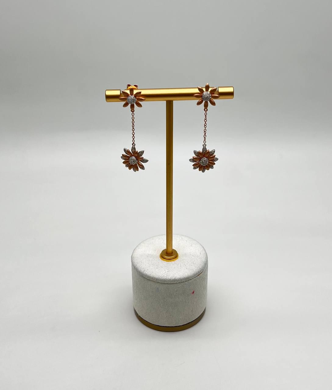 Sunflower Floral Motif Diamond Pave 14K Rose Gold Statement Dangle Earrings