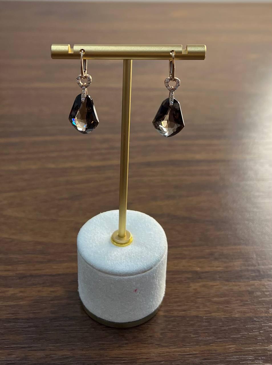 Shield Kite Shape Brown Smoky Quartz Diamond Accent Yellow Gold Drop Earrings