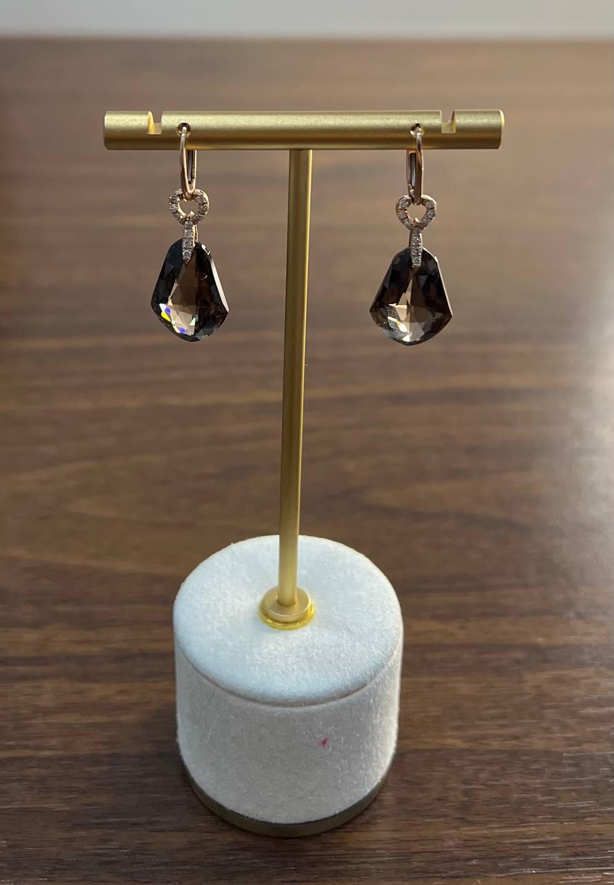 Shield Kite Shape Brown Smoky Quartz Diamond Accent Yellow Gold Drop Earrings