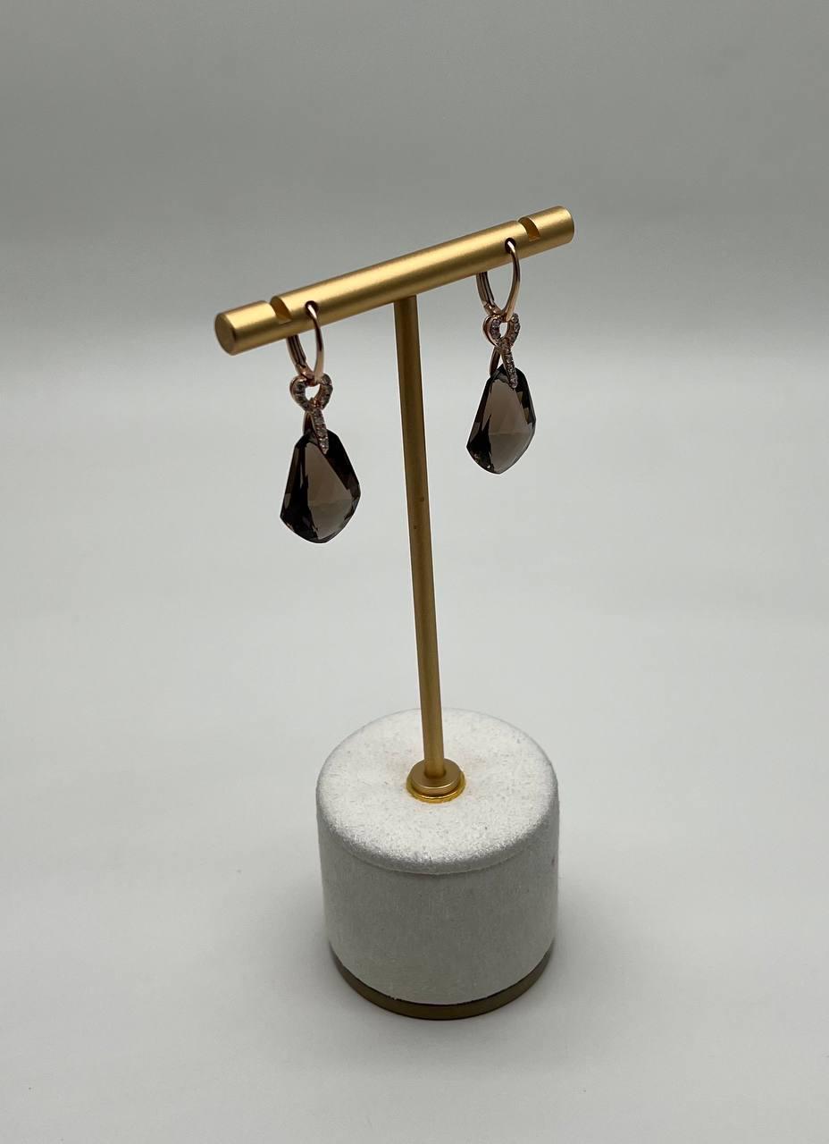 Shield Kite Shape Brown Smoky Quartz Diamond Accent Yellow Gold Drop Earrings