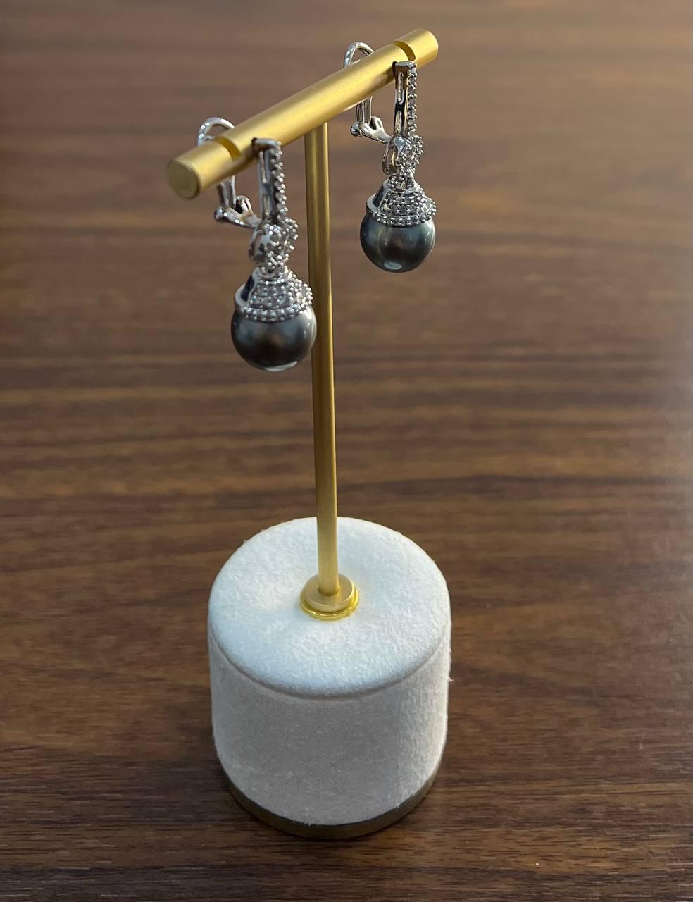 Silver Grey Black Tahitian Pearl Diamond 14K White Gold Drop Earrings