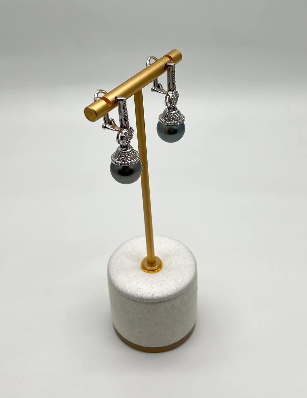 Silver Grey Black Tahitian Pearl Diamond 14K White Gold Drop Earrings