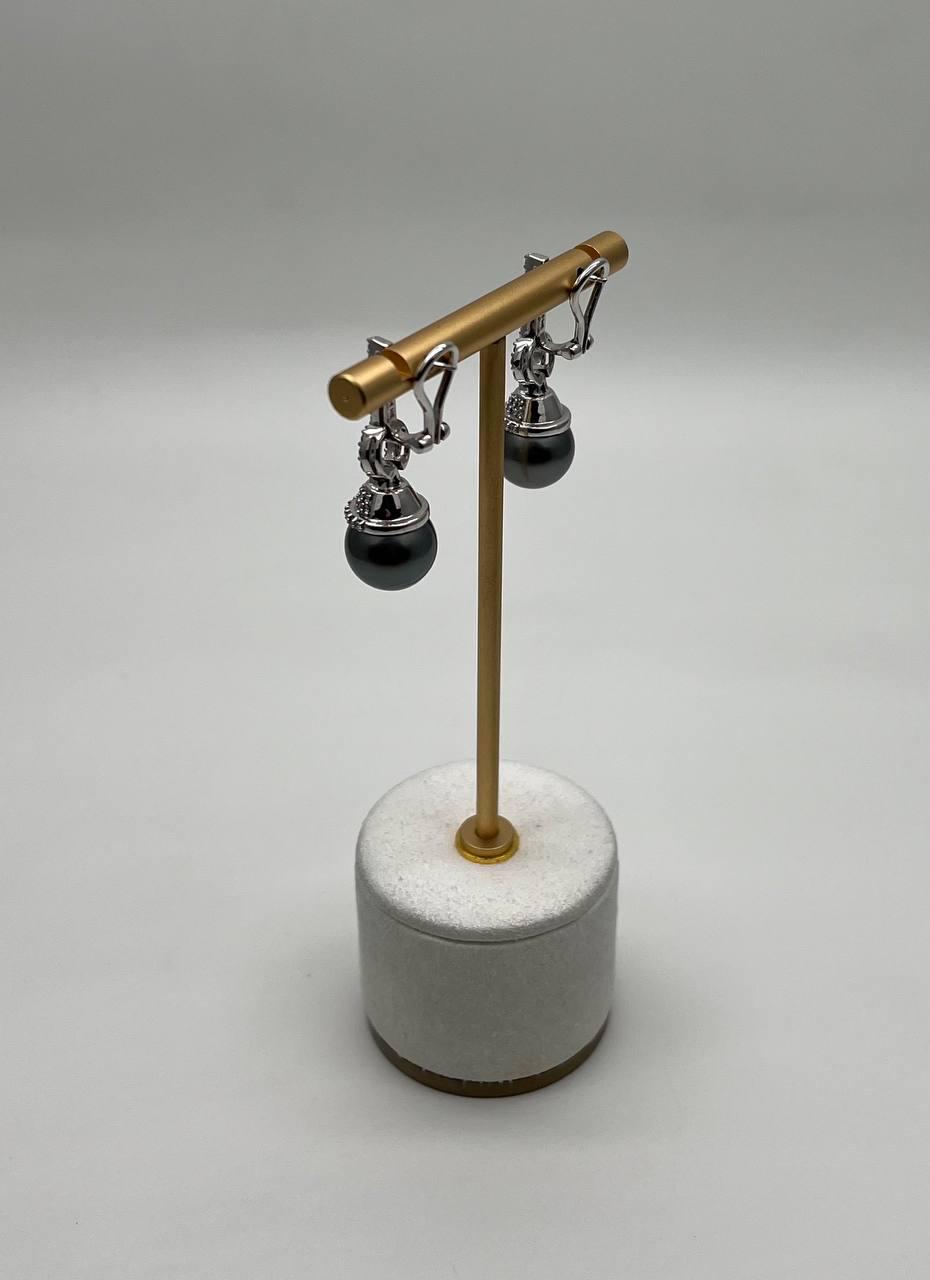 Silver Grey Black Tahitian Pearl Diamond 14K White Gold Drop Earrings