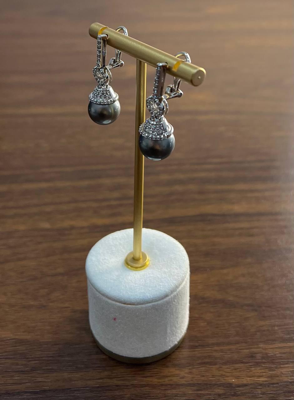 Silver Grey Black Tahitian Pearl Diamond 14K White Gold Drop Earrings