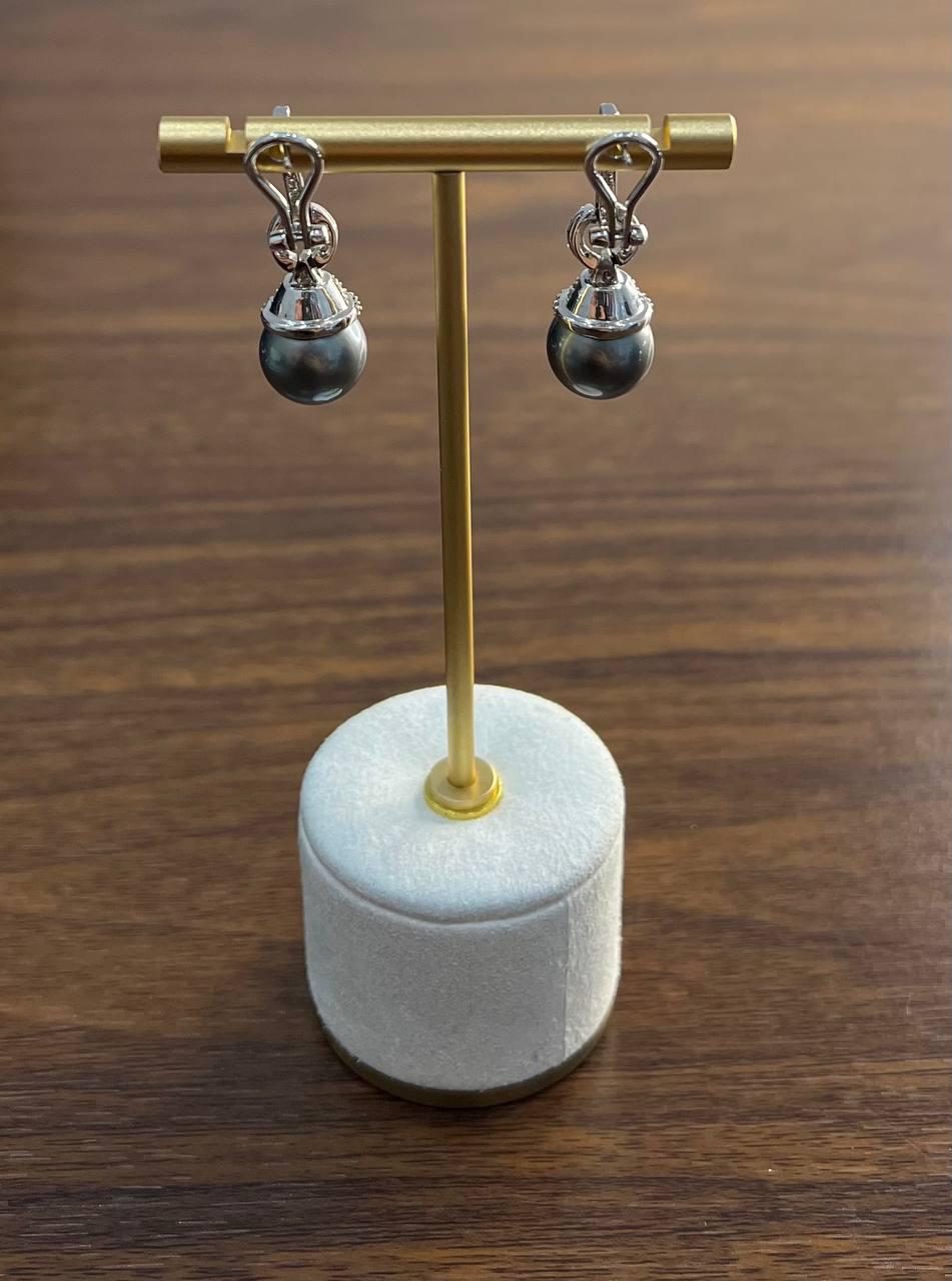 Silver Grey Black Tahitian Pearl Diamond 14K White Gold Drop Earrings