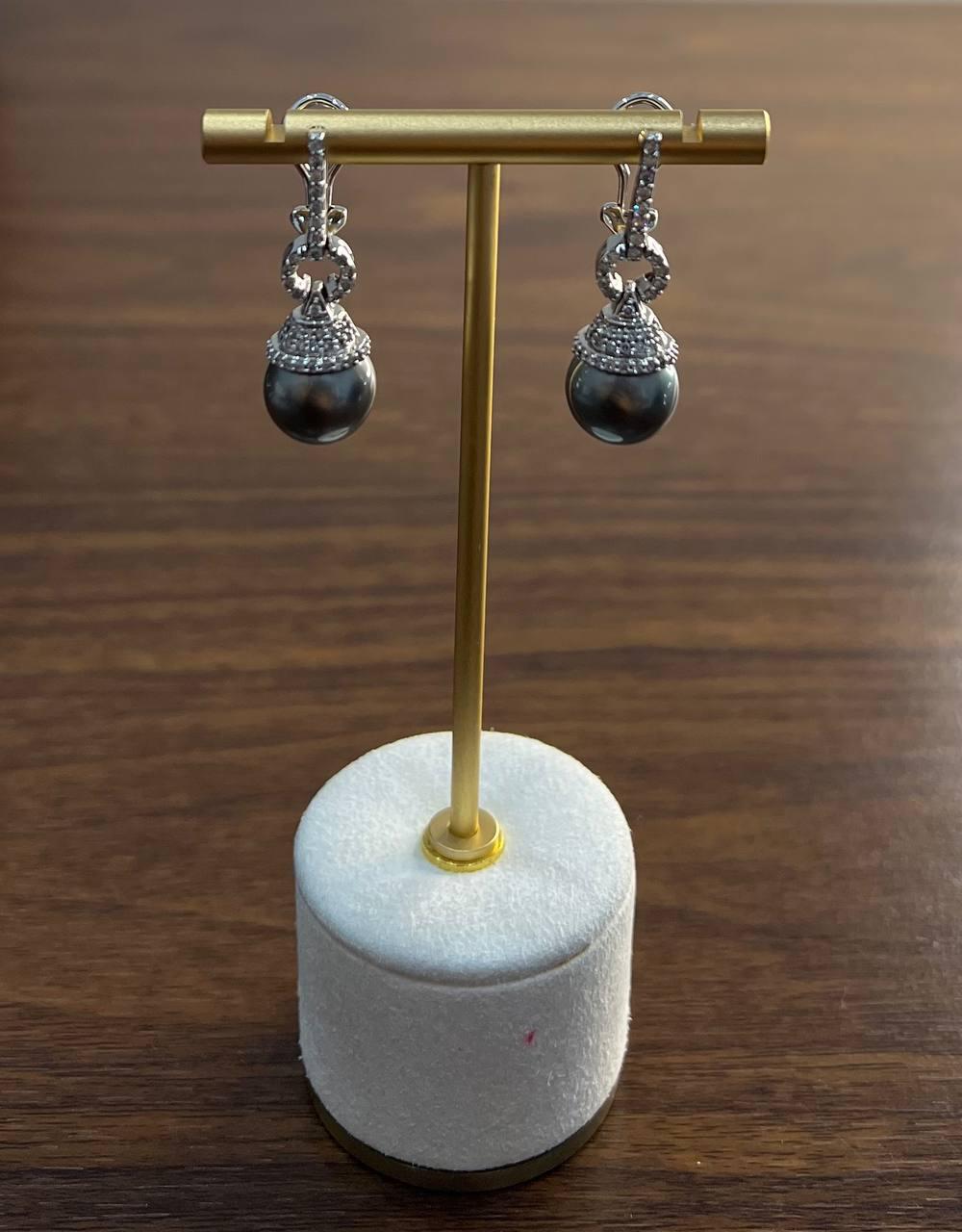 Silver Grey Black Tahitian Pearl Diamond 14K White Gold Drop Earrings