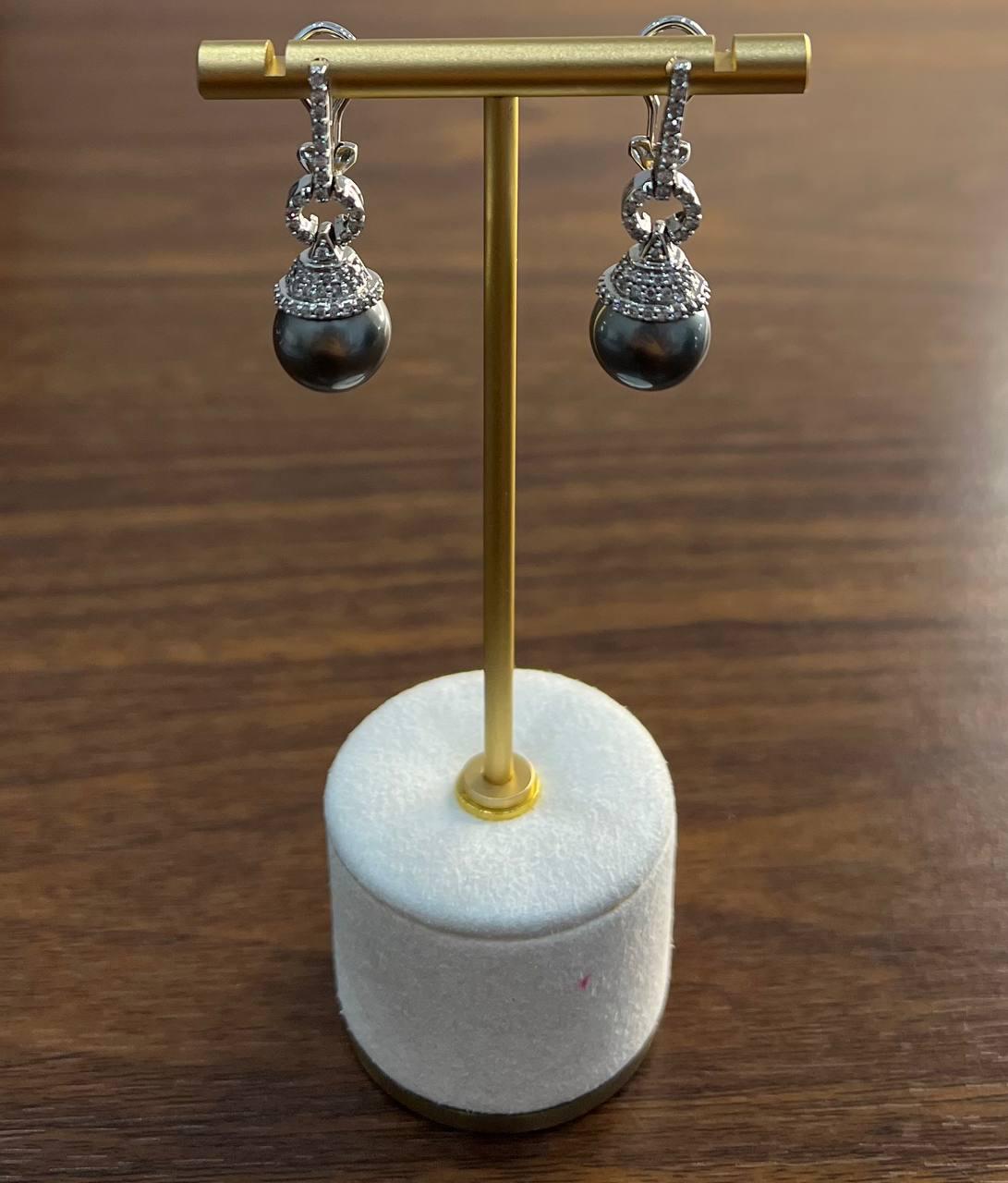 Silver Grey Black Tahitian Pearl Diamond 14K White Gold Drop Earrings