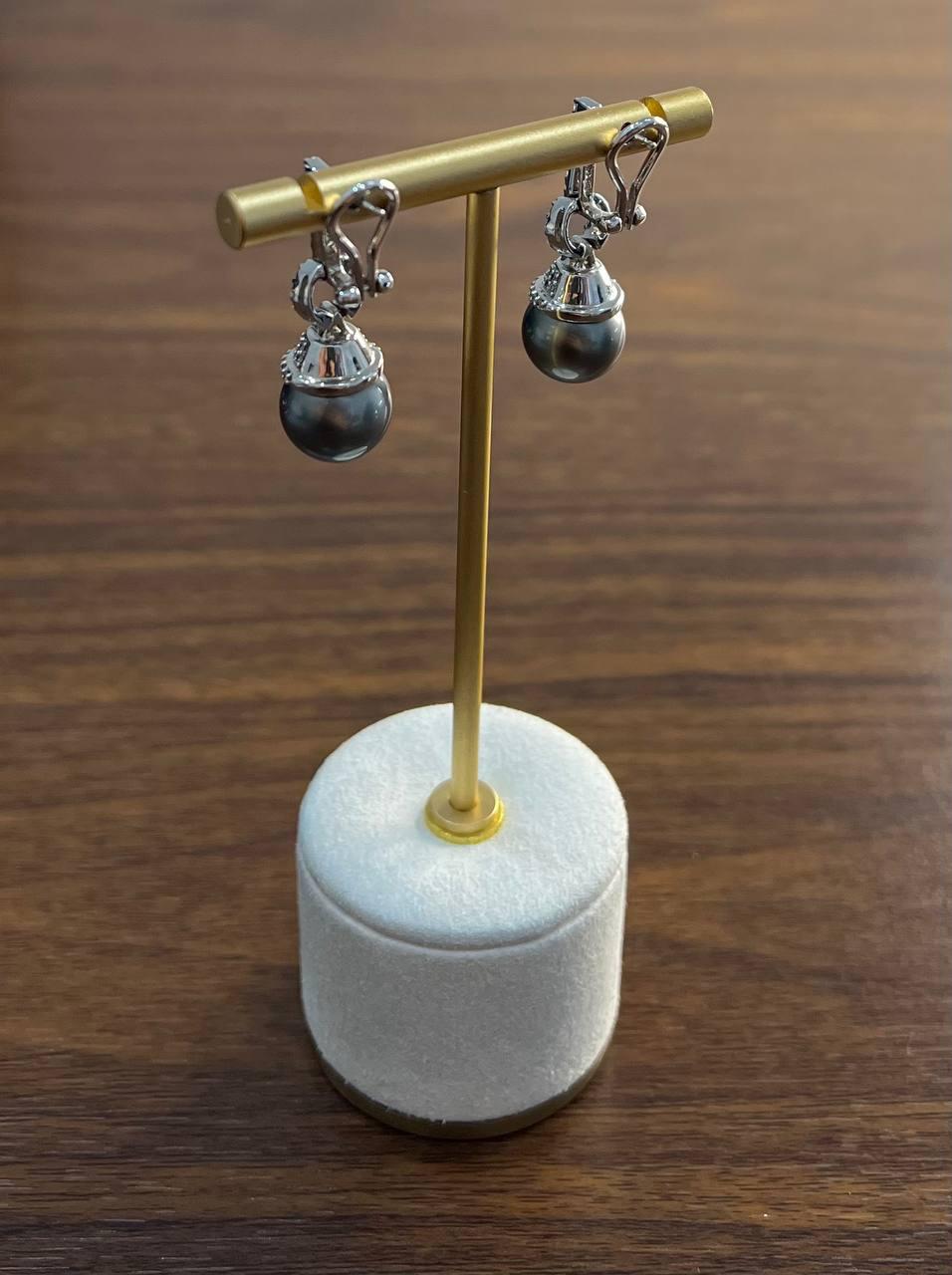 Silver Grey Black Tahitian Pearl Diamond 14K White Gold Drop Earrings