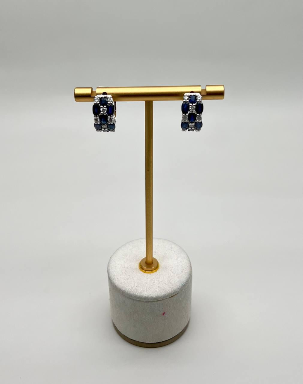 Blue Sapphires White Diamond 14K White Gold Statement Huggie Hinge Earrings