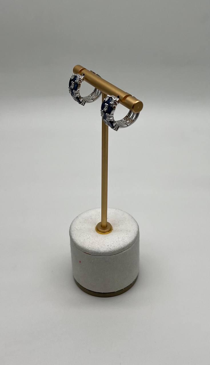 Blue Sapphires White Diamond 14K White Gold Statement Huggie Hinge Earrings