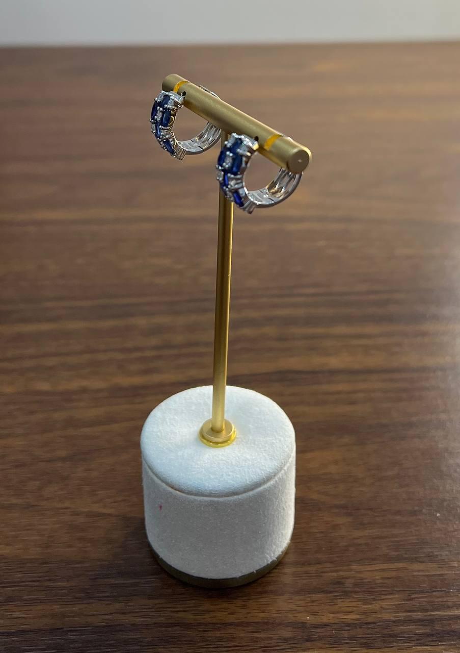 Blue Sapphires White Diamond 14K White Gold Statement Huggie Hinge Earrings