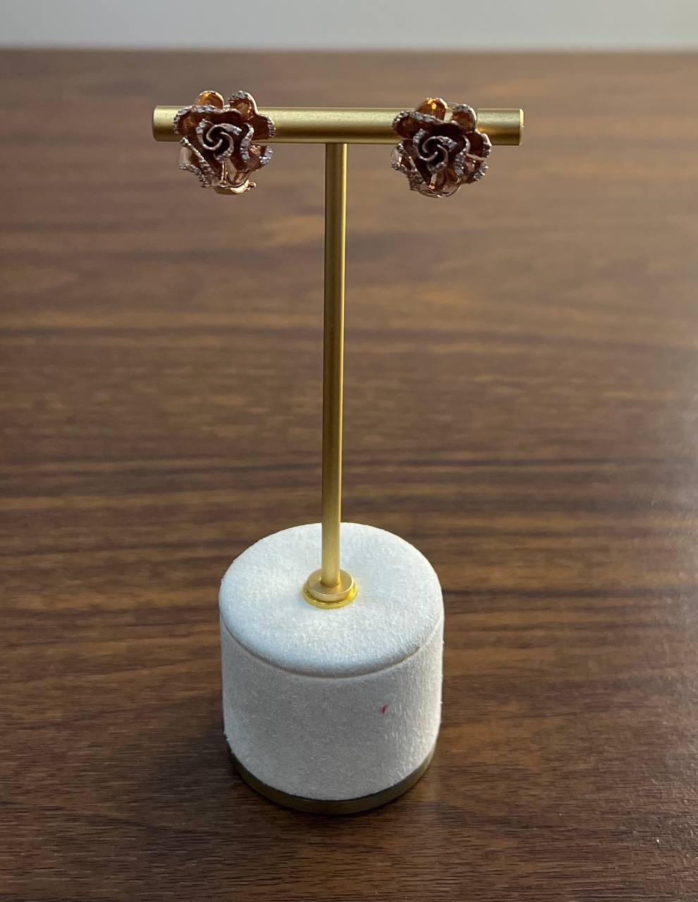 Rose Floral Flower Petals Diamond Pave Set 14K Rose Gold Stud Earrings