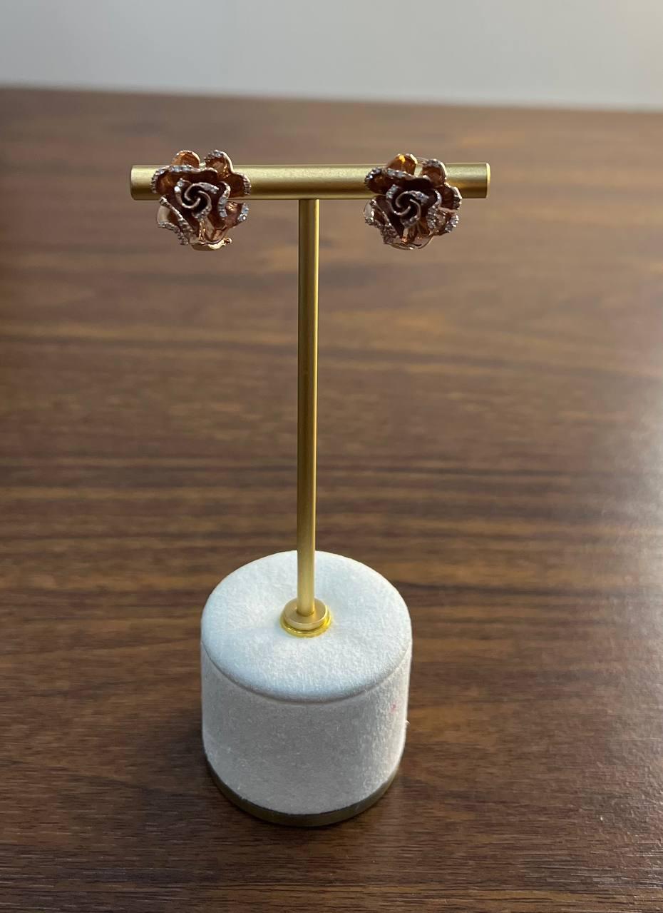 Rose Floral Flower Petals Diamond Pave Set 14K Rose Gold Stud Earrings