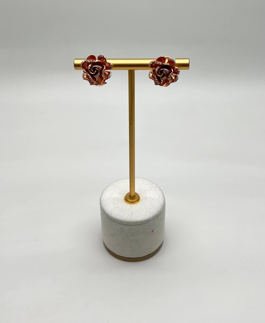 Rose Floral Flower Petals Diamond Pave Set 14K Rose Gold Stud Earrings