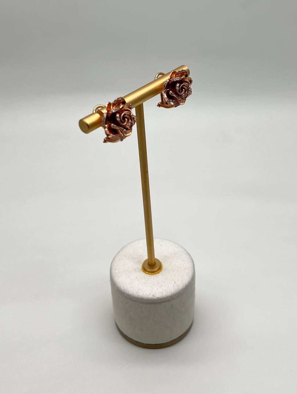 Rose Floral Flower Petals Diamond Pave Set 14K Rose Gold Stud Earrings