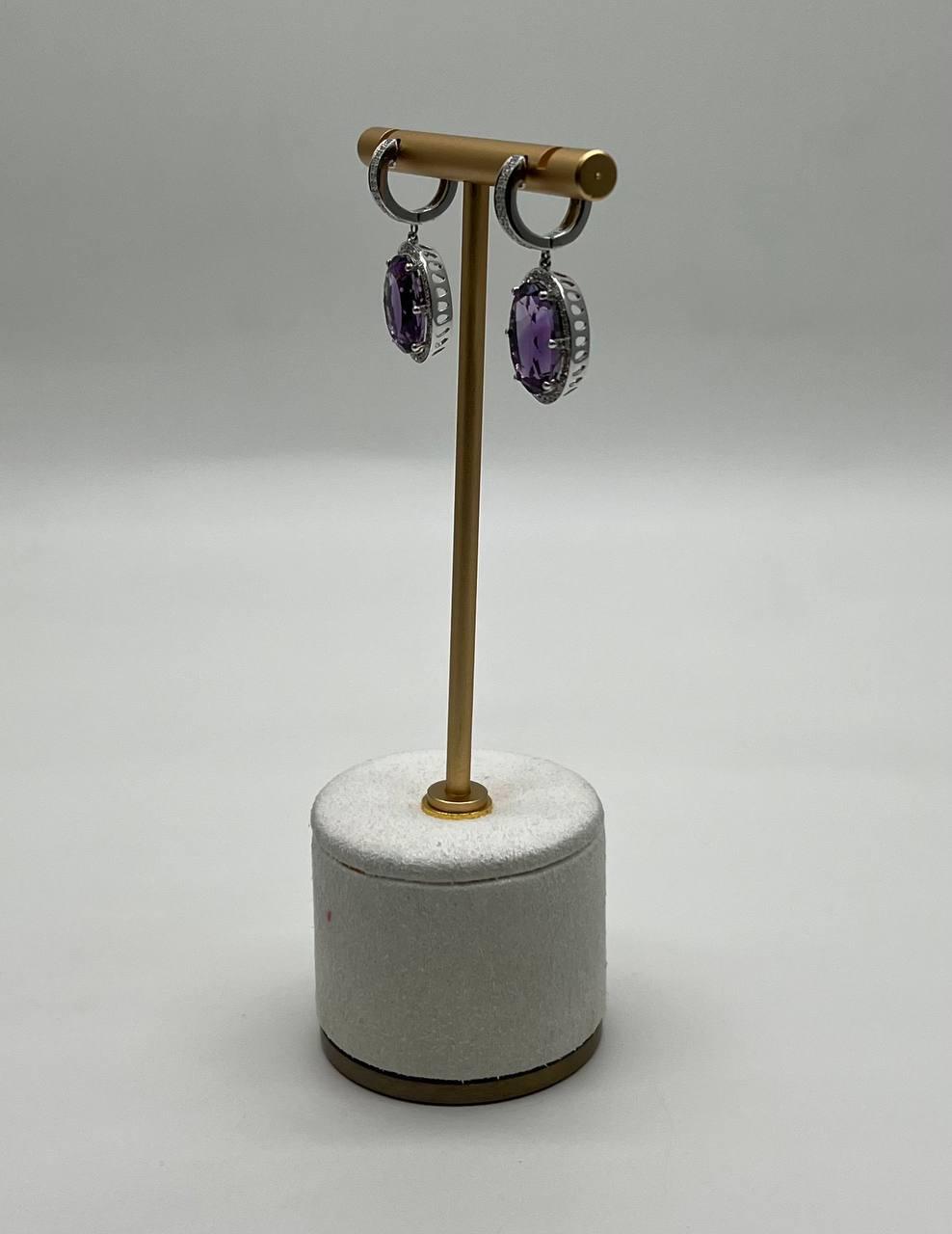 Violet Purple Amethyst Diamond Pave Halo 14K White Gold Statement Drop Earrings