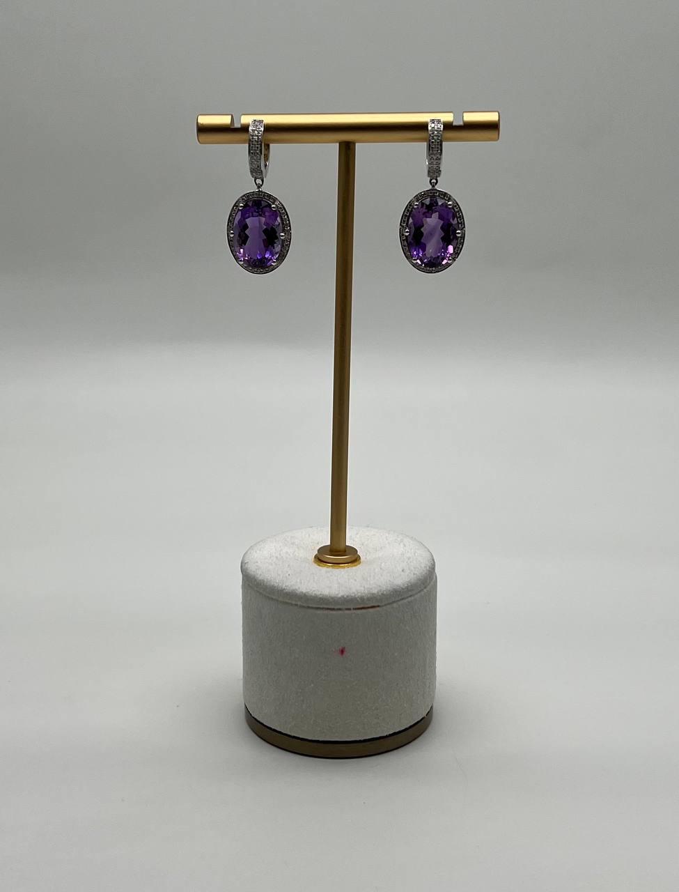 Violet Purple Amethyst Diamond Pave Halo 14K White Gold Statement Drop Earrings