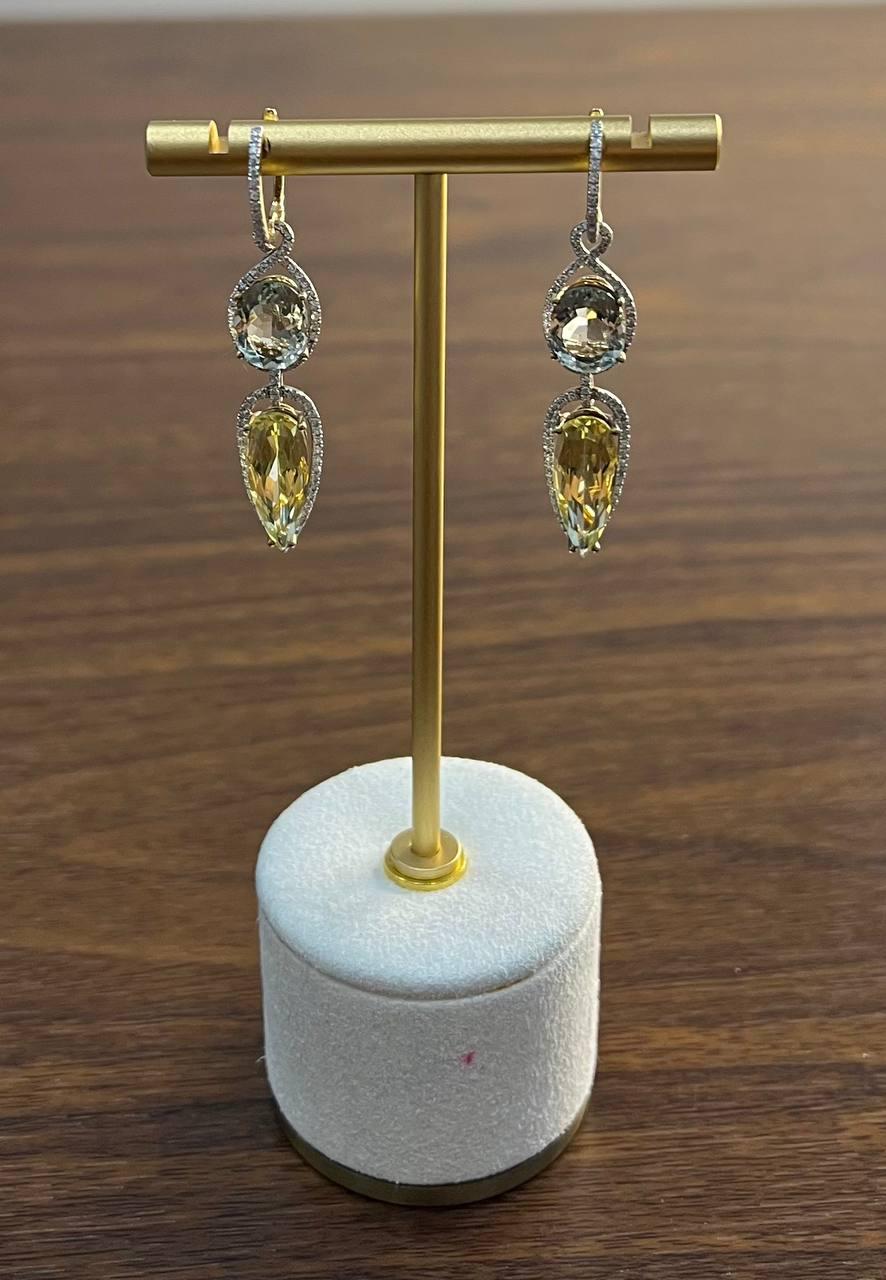 Yellow Lemon Quartz Green Amethyst Prasiolite 14K Gold Drop Diamonds Earrings