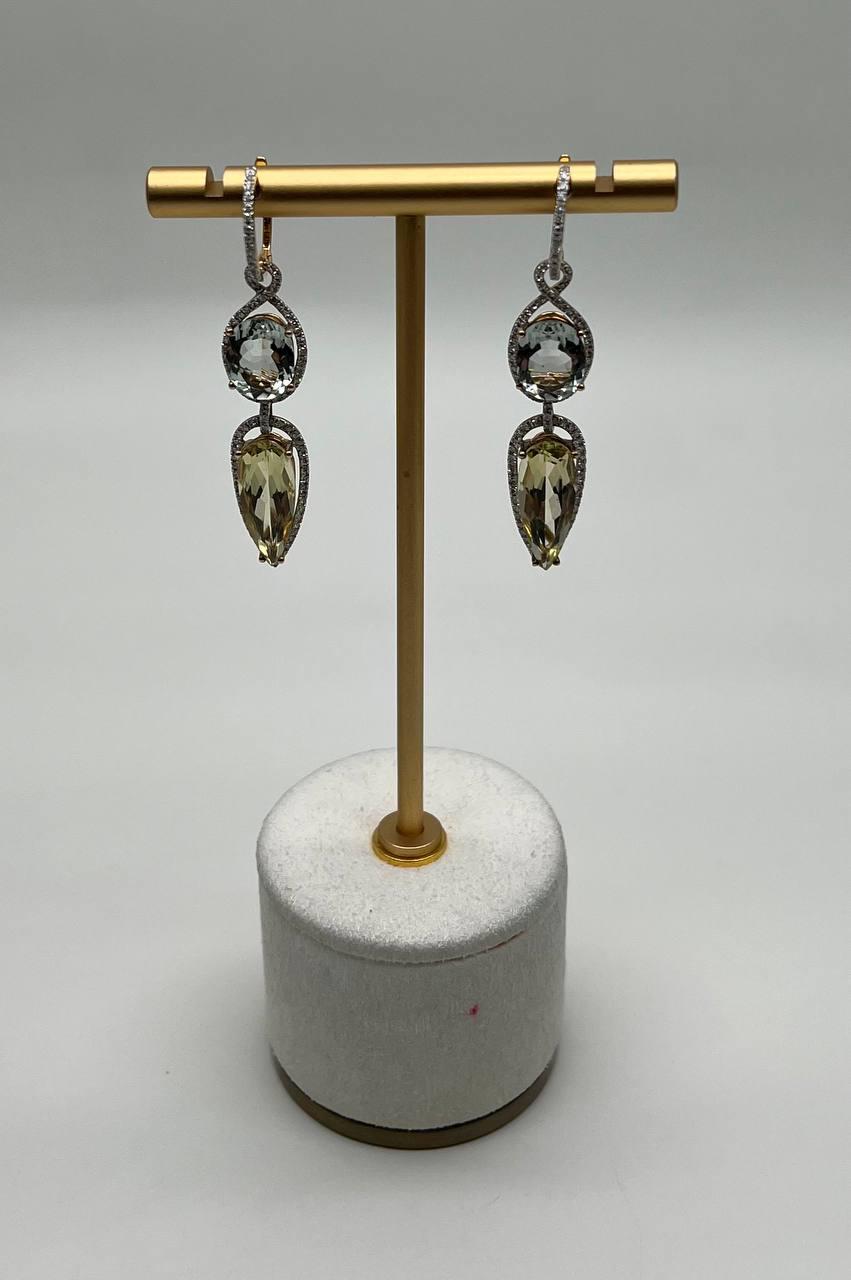 Yellow Lemon Quartz Green Amethyst Prasiolite 14K Gold Drop Diamonds Earrings
