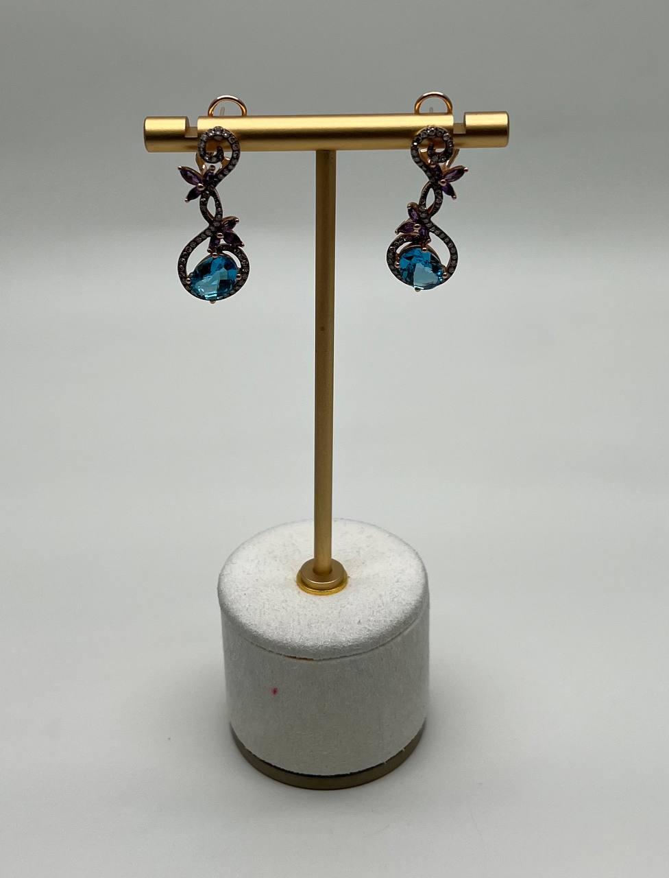 Swiss Blue Topaz Floral Flower Nature Branch Amethyst Motif Rose Gold Earrings