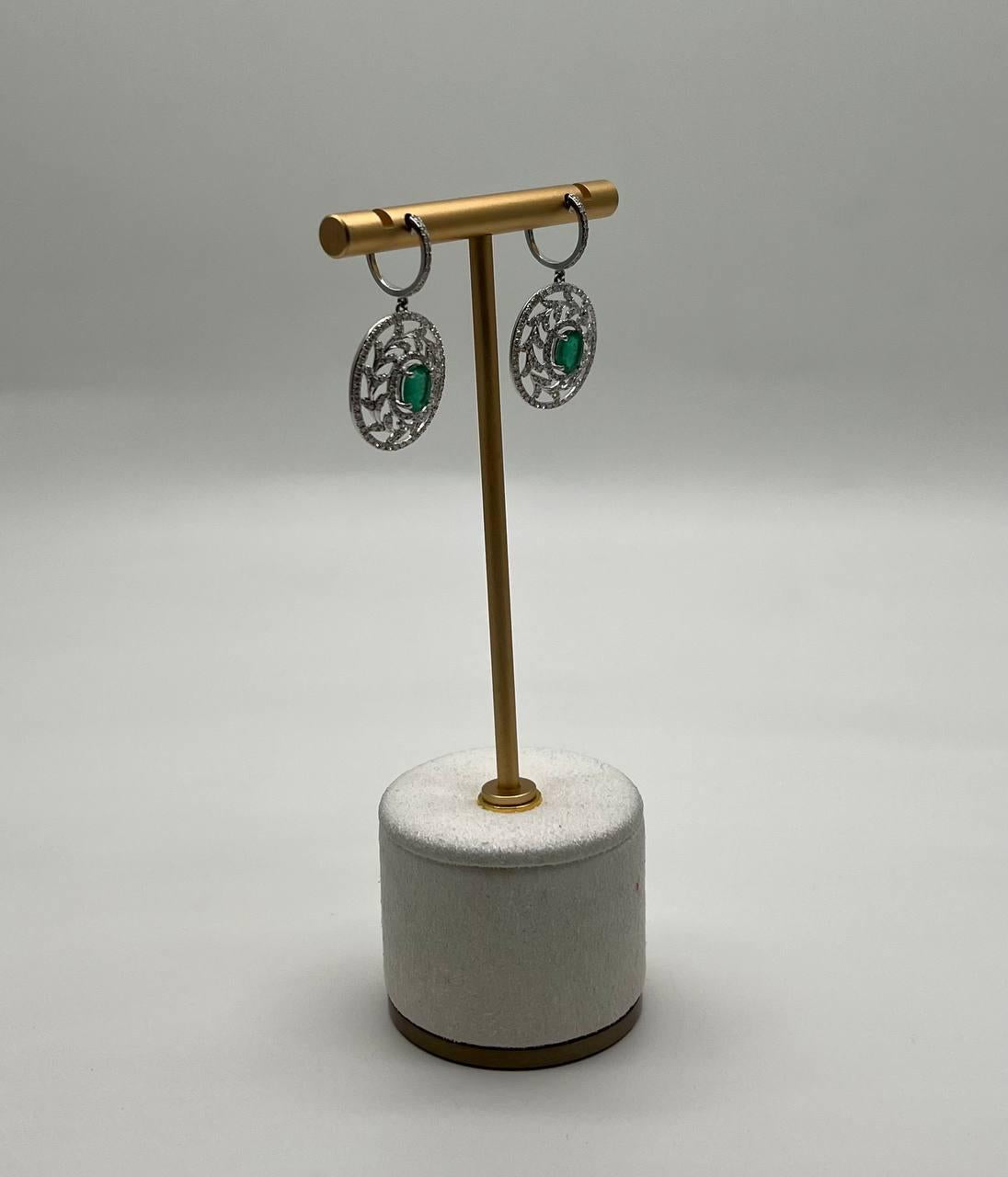 Oval Green Emerald Diamond Halo Lattice 14K White Gold Statement Drop Earrings