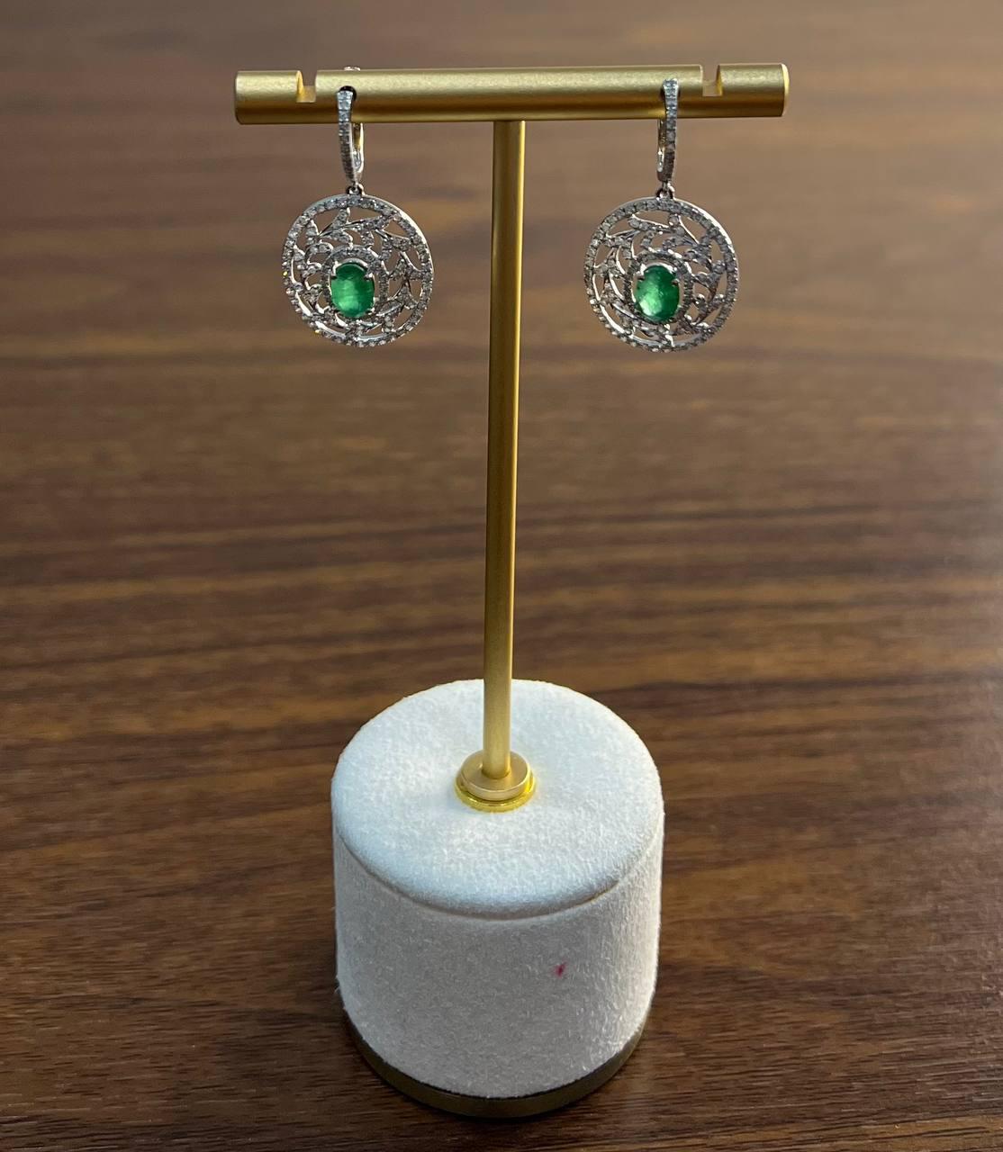 Oval Green Emerald Diamond Halo Lattice 14K White Gold Statement Drop Earrings