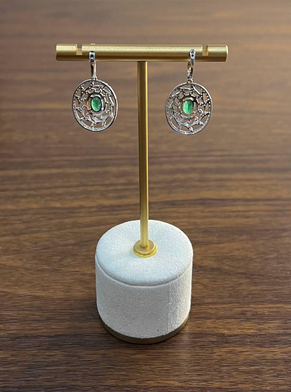 Oval Green Emerald Diamond Halo Lattice 14K White Gold Statement Drop Earrings