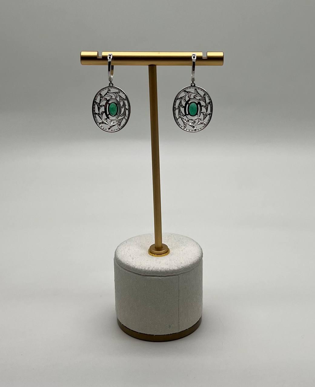 Oval Green Emerald Diamond Halo Lattice 14K White Gold Statement Drop Earrings