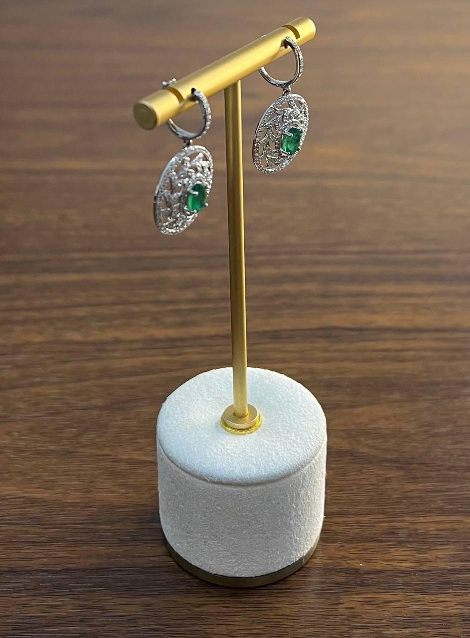 Oval Green Emerald Diamond Halo Lattice 14K White Gold Statement Drop Earrings