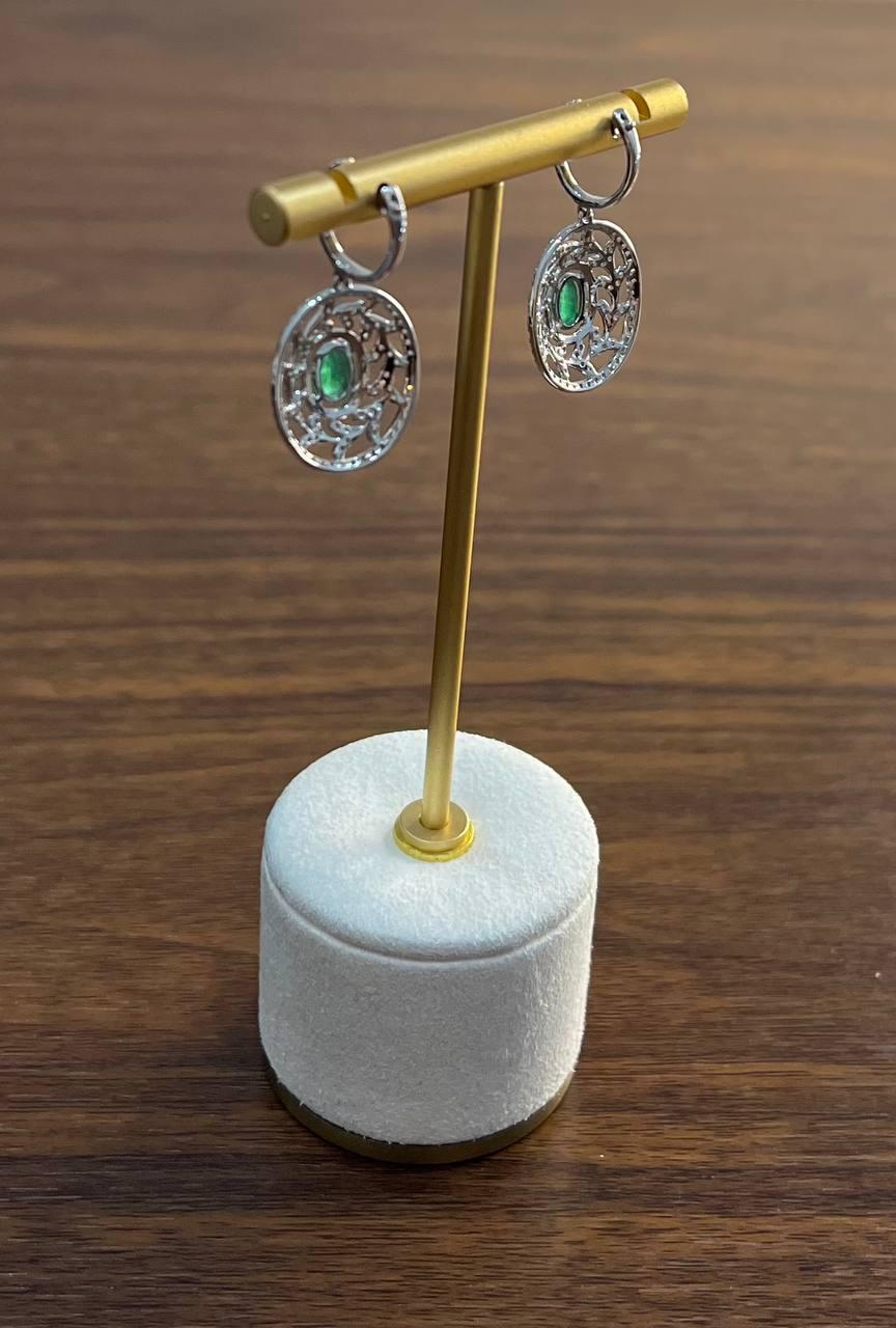 Oval Green Emerald Diamond Halo Lattice 14K White Gold Statement Drop Earrings