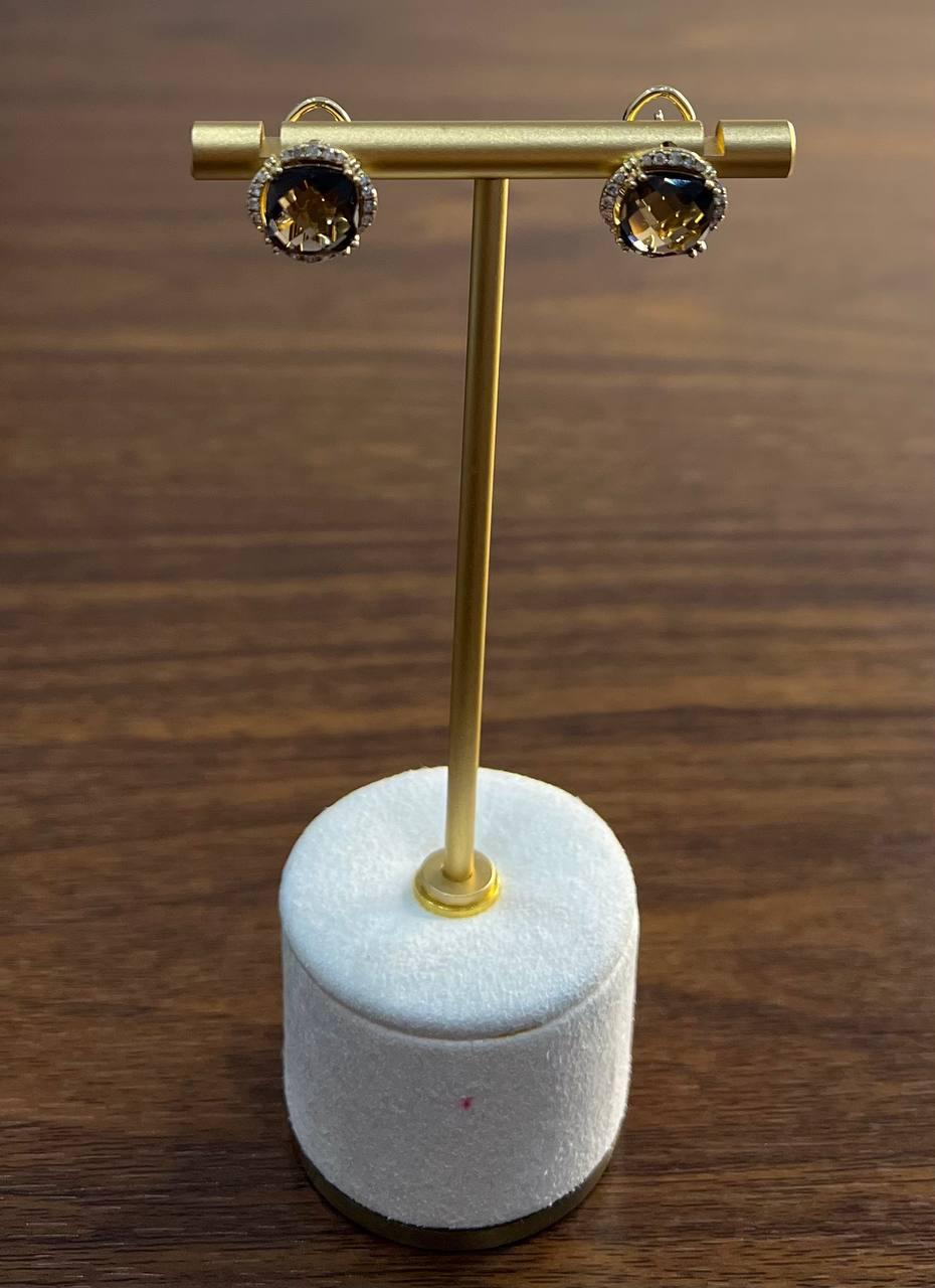 Round Shape Brown Smoky Quartz 14K Yellow Gold Diamonds Halo Set Stud Earrings