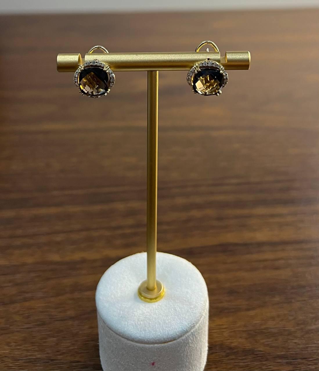 Round Shape Brown Smoky Quartz 14K Yellow Gold Diamonds Halo Set Stud Earrings