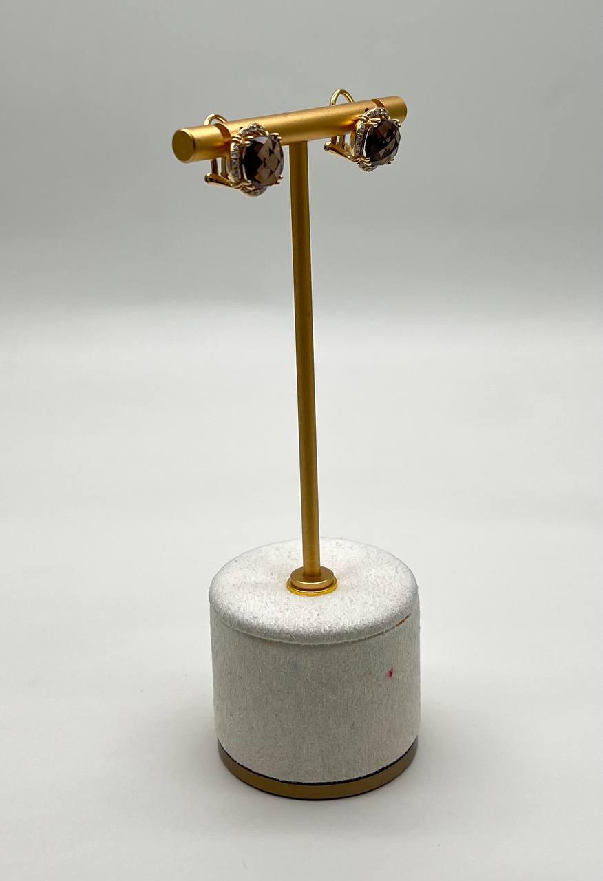 Round Shape Brown Smoky Quartz 14K Yellow Gold Diamonds Halo Set Stud Earrings